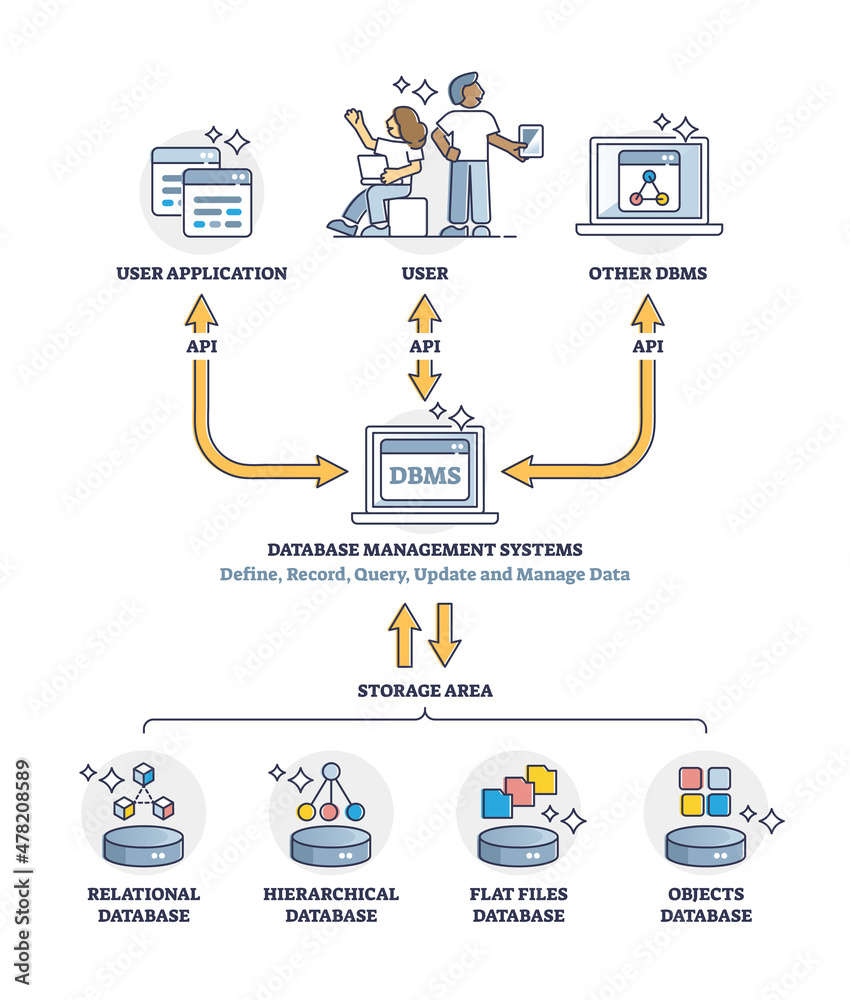 Vecteur Stock Database management systems or DBMS software tool explanation  outline diagram. Labeled educational app structure scheme with API, storage  area types and user data communication vector illustration. | Adobe Stock