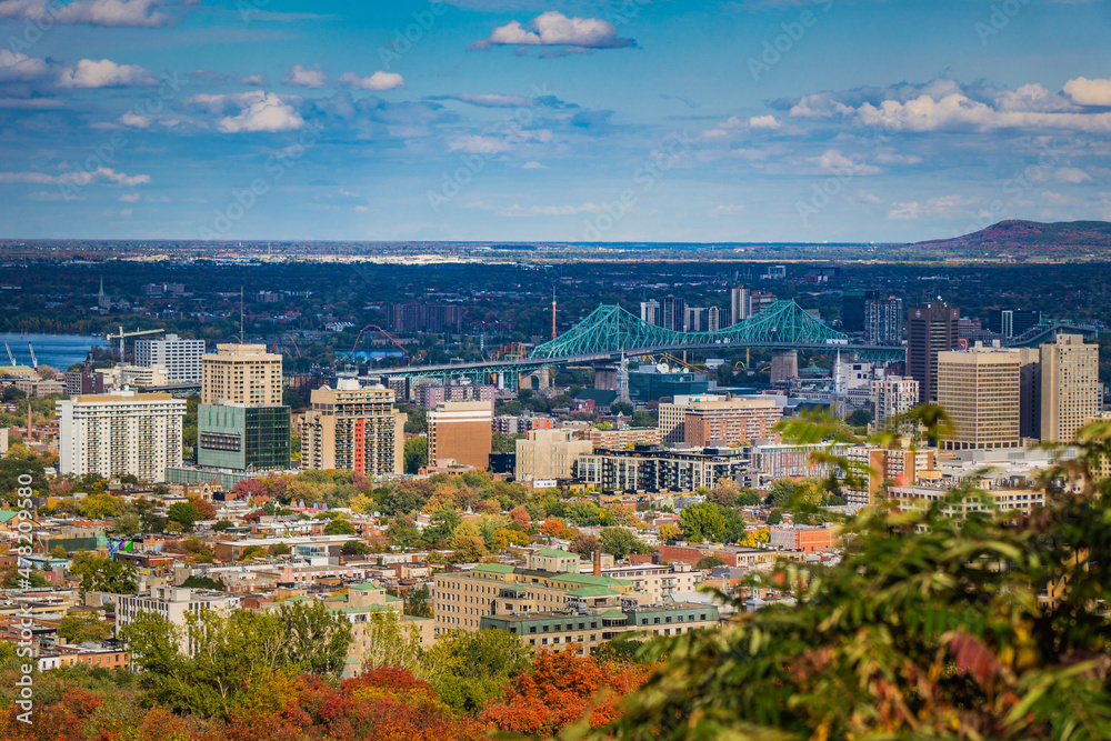 View on Jacques Cartier bridge from the Camillien Houde Belvedere in Mount Royal, Quebec, Canada