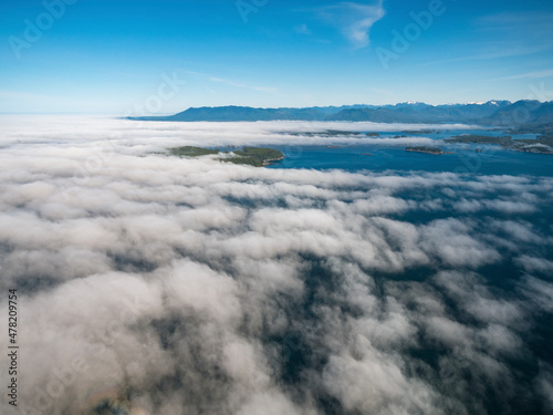 Stock Aerial Photo of Broken Group Islands in Fog Barkley Sound Vancouver Island BC, Canada