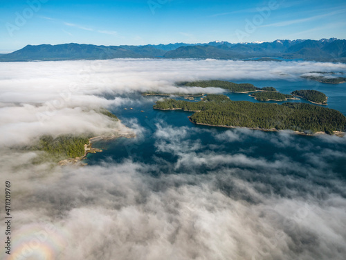 Stock Aerial Photo of Broken Group Islands in Fog Barkley Sound Vancouver Island BC, Canada