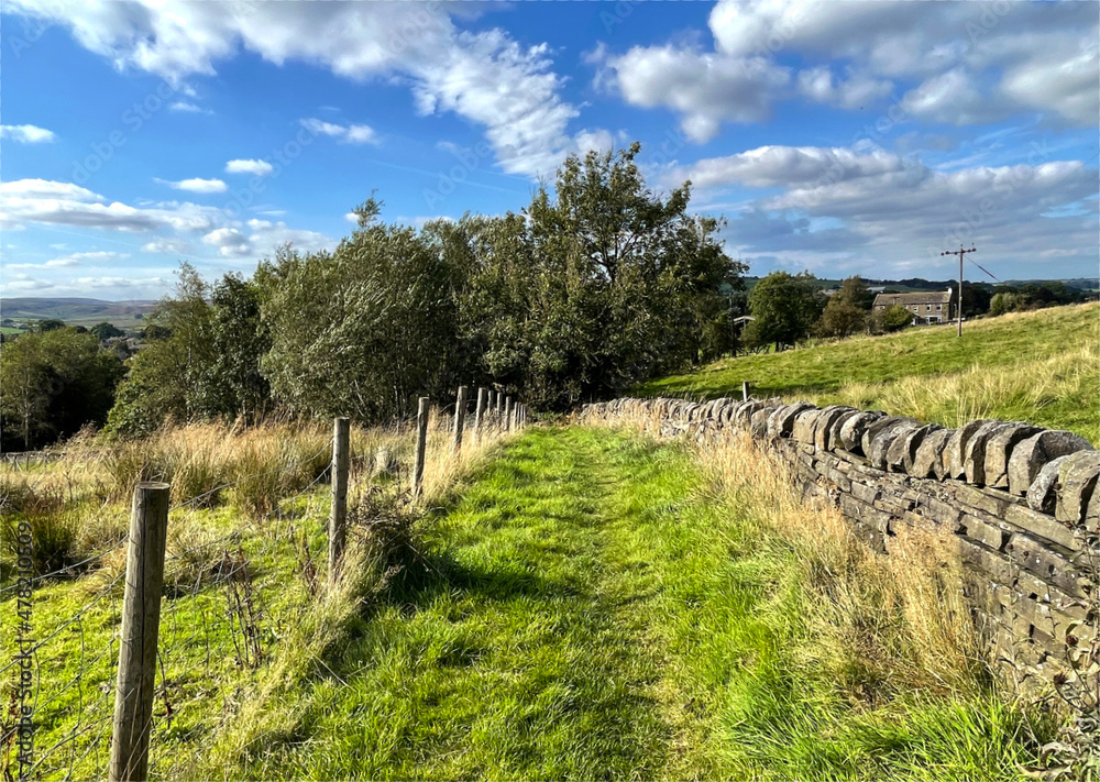 Fototapeta premium Grass track, with a dry stone wall, high on the hills above, Oxenhope, Keighley, UK