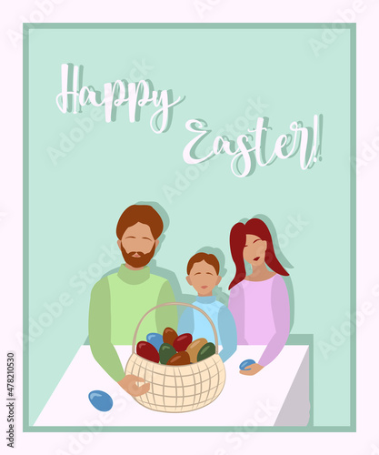 A postcard with a white family, a basket and eggs in delicate colors
