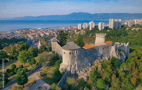 Rijeka old principal seaport aerial panoramic view photo