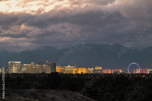 Photography Las Vegas skyline after sunset in winter storm