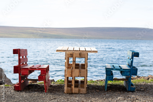 Upcycled benches at lakeside viewpoint