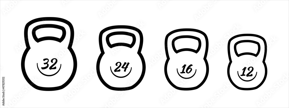 Collection of classic kettlebells silhouette on white background. Weight-lifting symbol. Flat line illustrations