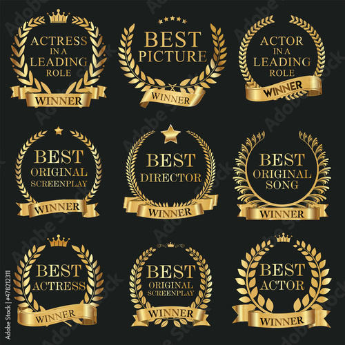 Collection of golden label with laurel wreath film award luxury template design