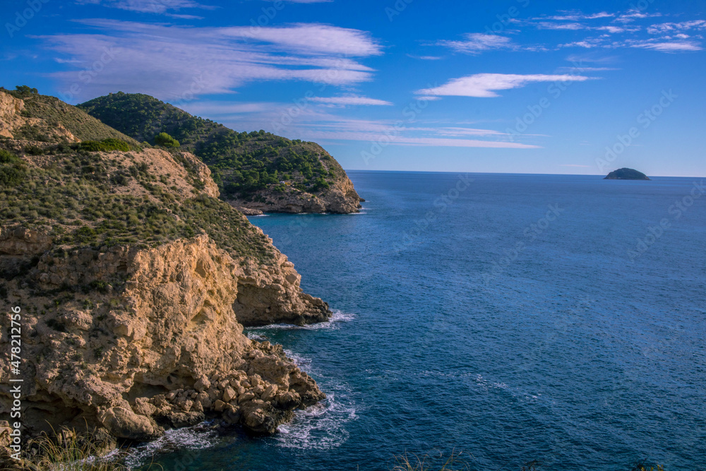 a beautiful coastline, beach, coves and cliffs in Villajoyosa, Alicante, Spain. Walking for the mountain route. a beautiful coastline, beach, coves and cliffs in Villajoyosa, Alicante, Spain. Walking for the mountain route.