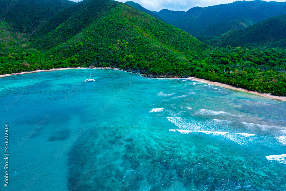 Aerial view of Reef Bay looking towards the shore in the U.S. Virgin Islands