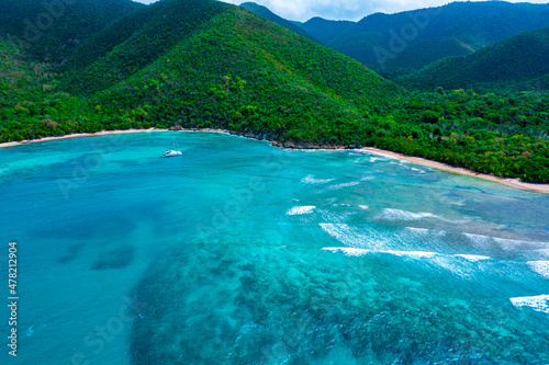 Aerial view of Reef Bay looking towards the shore in the U.S. Virgin Islands