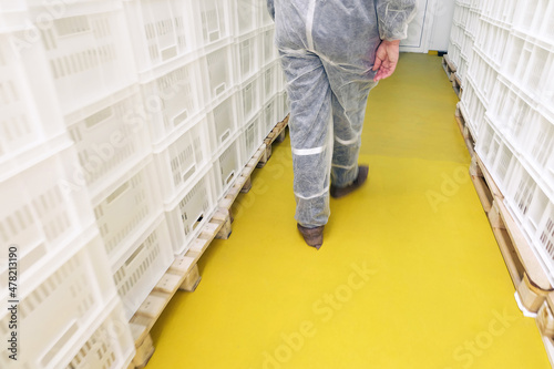 A worker in white sanitary clothes in a food production facility. Corridor with white plastic boxes.