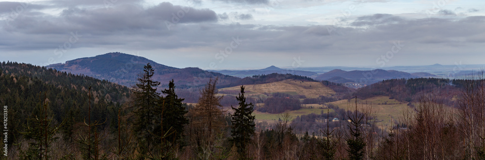 Panorama of the Kaczawskie Mountains and Ostrzyca Mountain from Skopiec Mountain Panorama of the Kaczawskie Mountains and Ostrzyca Mountain from Skopiec Mountain