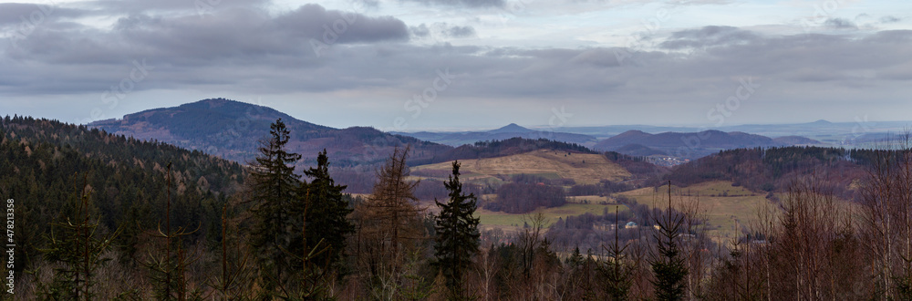 Panorama of the Kaczawskie Mountains and Ostrzyca Mountain from Skopiec Mountain