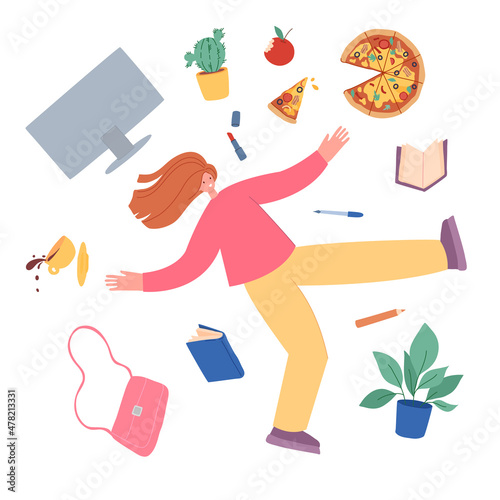 Woman falling down with different things. Female character fly, isolated girl fall with pizza, bag, book and computer monitor, vector concept