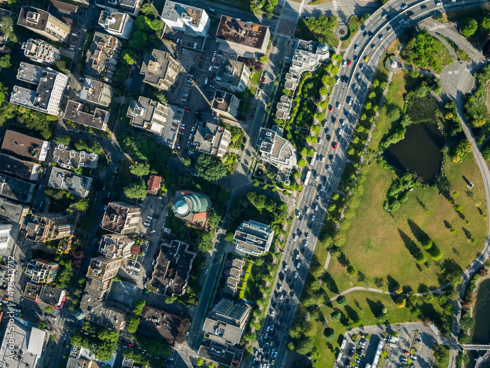 Fototapeta premium Stock Aerial Photo of Devonian Harbour Park and Georgia Street Vancouver BC , Canada