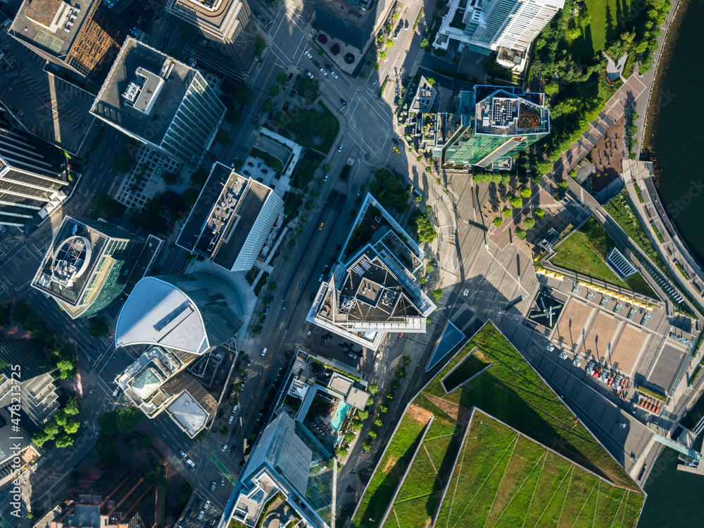 Naklejka premium Stock Aerial Photo of Vancouver Convention Center and Olympic Cauldron Vancouver BC , Canada