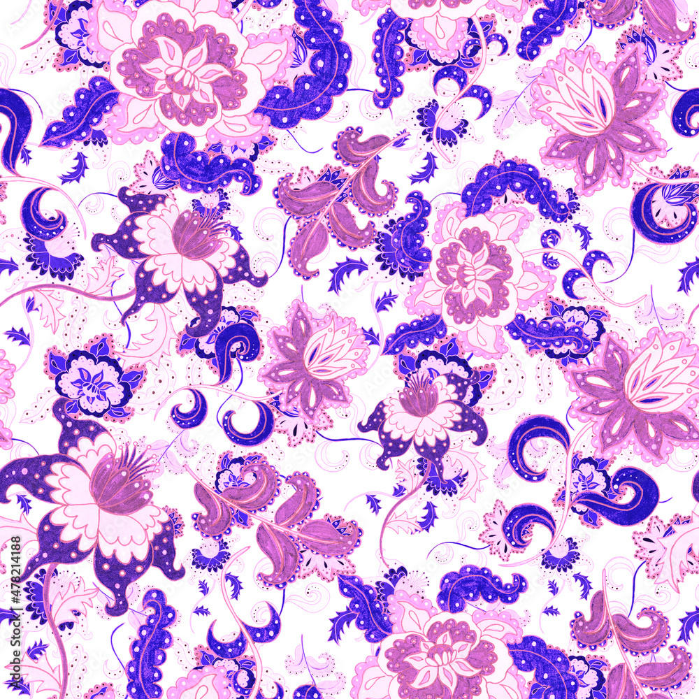 Watercolor seamless pattern with folky flowers and leaves in ethnic style. Floral decoration. Traditional paisley pattern. Textile design texture.Tribal ethnic vintage seamless pattern. Watercolor seamless pattern with folky flowers and leaves in ethnic style. Floral decoration. Traditional paisley pattern. Textile design texture.Tribal ethnic vintage seamless pattern.