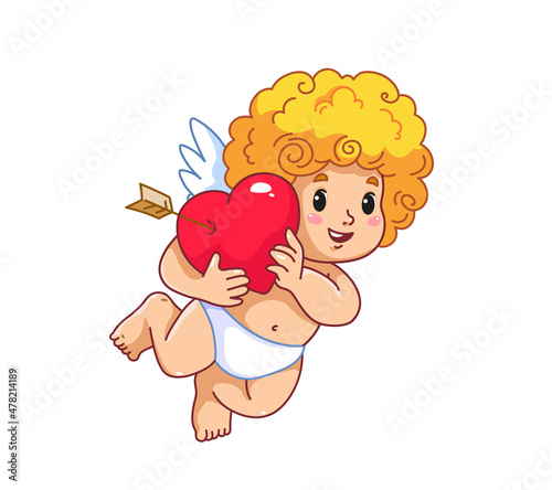 Cute baby cupid holding a red heart. A symbol of love and Valentine's Day. Cartoon character angel. Curly little boy with wings. Happy baby in a diaper.