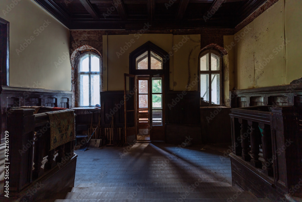 Old abandoned castle with beautiful carved wood decoration. Former Manor Uspenskoye, Moscow region Old abandoned castle with beautiful carved wood decoration. Former Manor Uspenskoye, Moscow region