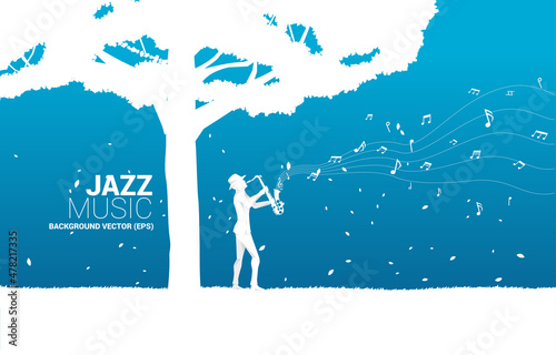 Vector silhouette of saxophonist with big tree. background concept for music for natural and spring time.