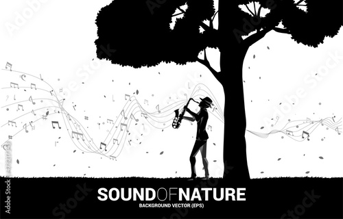 Vector silhouette of saxophonist with big tree. background concept for music for natural and spring time.