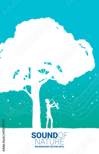 Vector silhouette of saxophonist with big tree. background concept for music for natural and spring time.