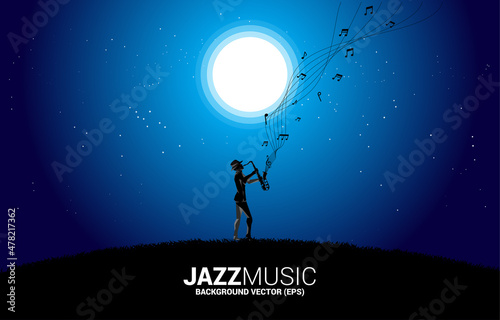 Vector silhouette of saxophonist under the moon. background concept for music for natural and spring time.