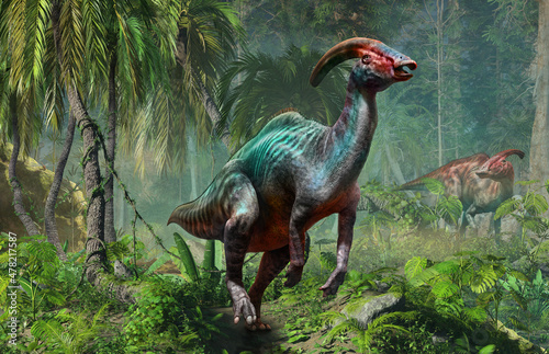 Parasaurolophus	from the Cretaceous era 3D illustration photo