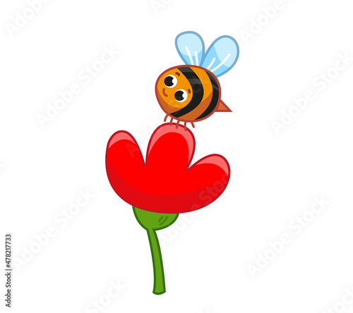 A cute cartoon bee collects nectar from a red flower. Drawing of a bumblebee insect in a childish style with an outline. Colored summer illustrations with plant and wasp.