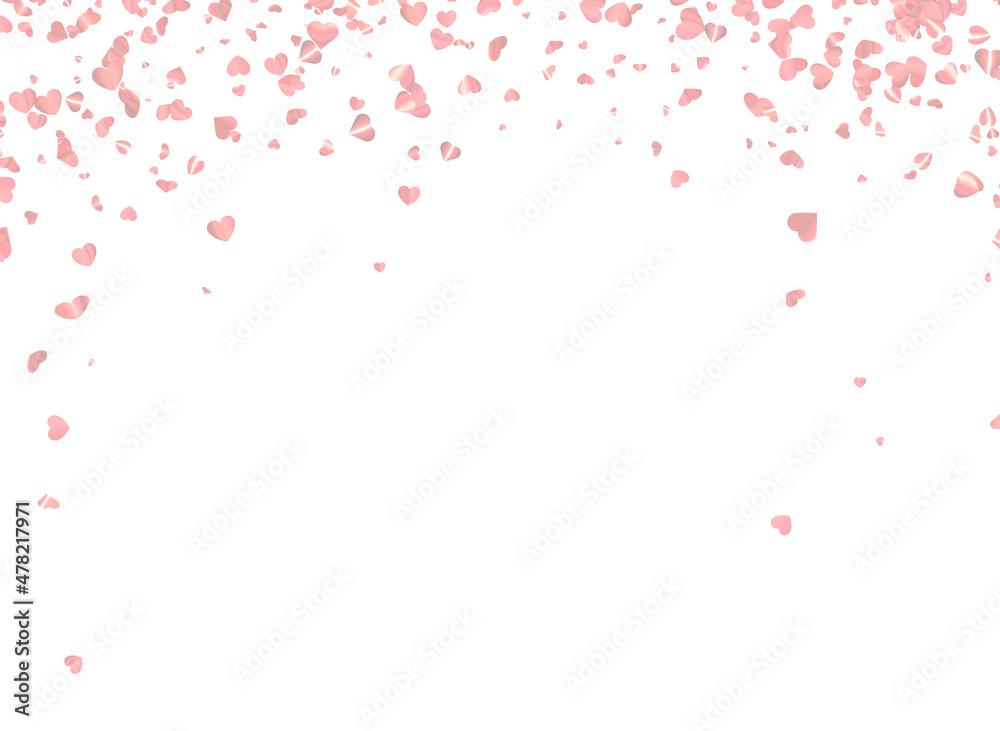 Red dim foil hearts confetti on white background.