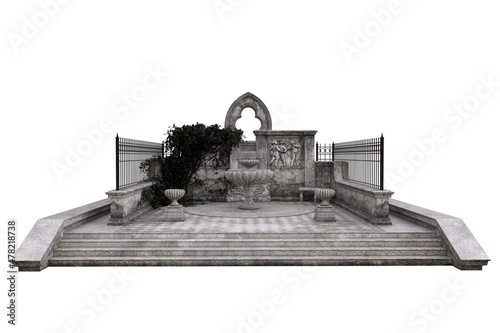 Fototapeta Gothic courtyard with stone arch and fountain with steps in front and an iron railing fence