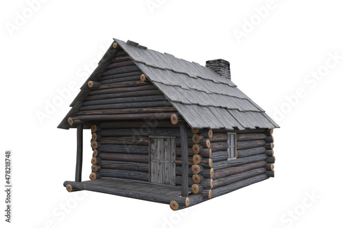 3D illustration of a wooden log cabin isolated on a white background.
