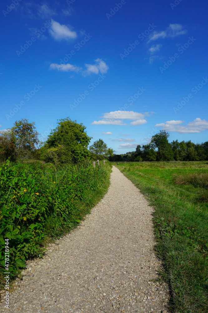 A quiet walk in the countryside. small footpath along countryside meadows on bright sunny day. Place to walk in fresh air.