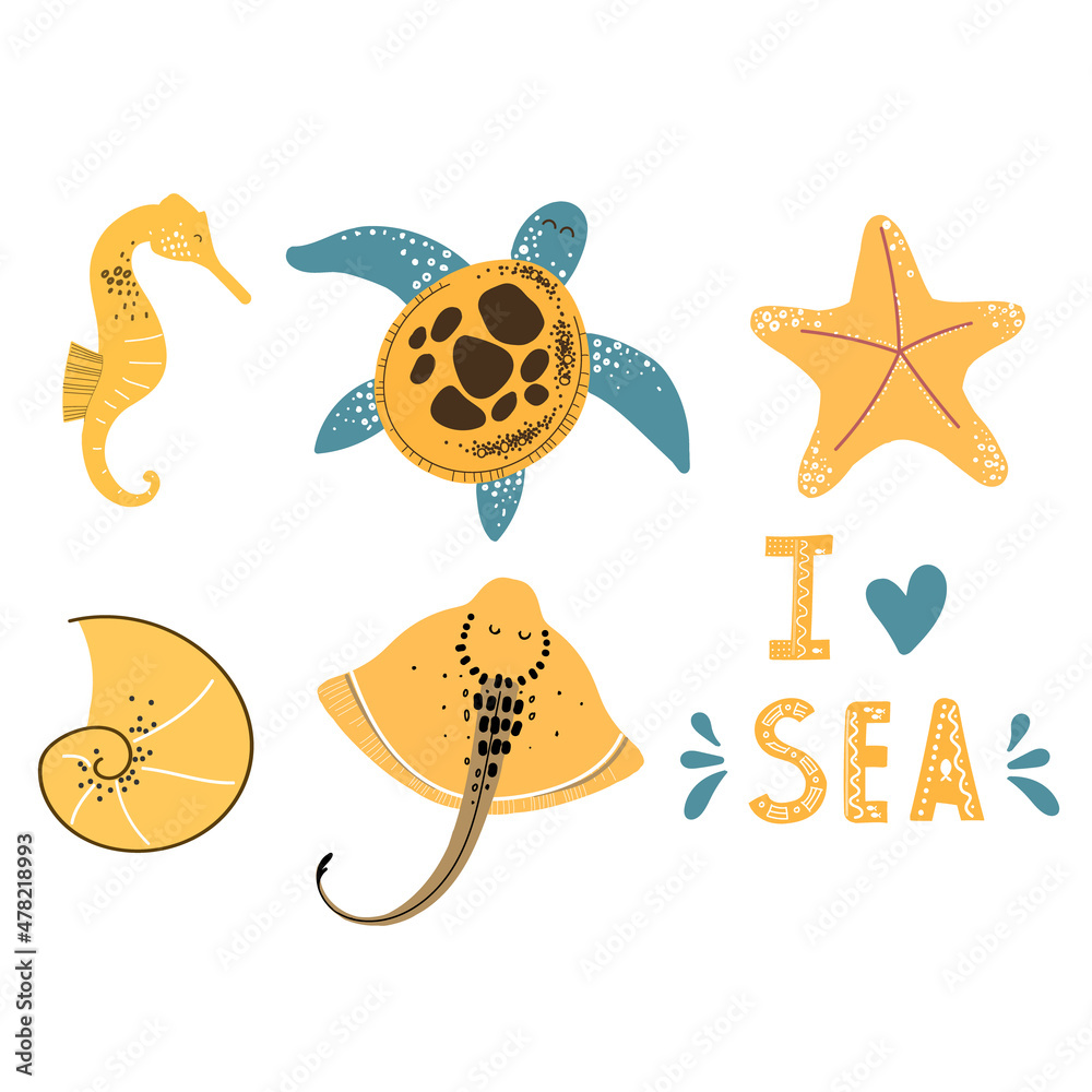 Set of hand drawn vector oceans and sea elements. Illustration of turtle, sea Horse, sea star, shell, stingray and text I Love sea. Vector illustration for icon, logo, print, icon, card, emblem Set of hand drawn vector oceans and sea elements. Illustration of turtle, sea Horse, sea star, shell, stingray and text I Love sea. Vector illustration for icon, logo, print, icon, card, emblem