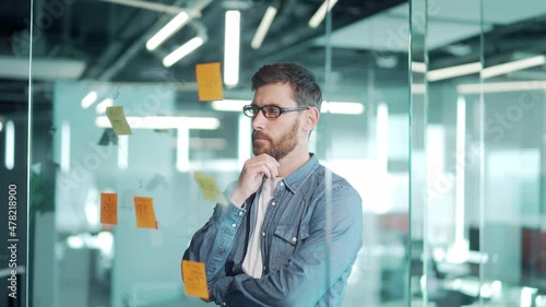 creative young entrepreneur business man in modern office uses post Papers sticky notes to share idea. brainstorming, Bearded thinking male solving strategy Using glass note wall Board. startup posted photo