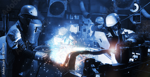 welder Industrial automotive part in factory, worker with protective mask welding metal (welding, welder, steel)
