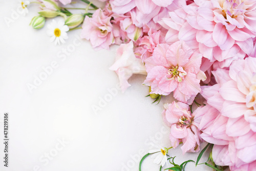 Fotografia Spring pink blossom/springtime larkspur bloom, delphinium and dahlia flowers bac