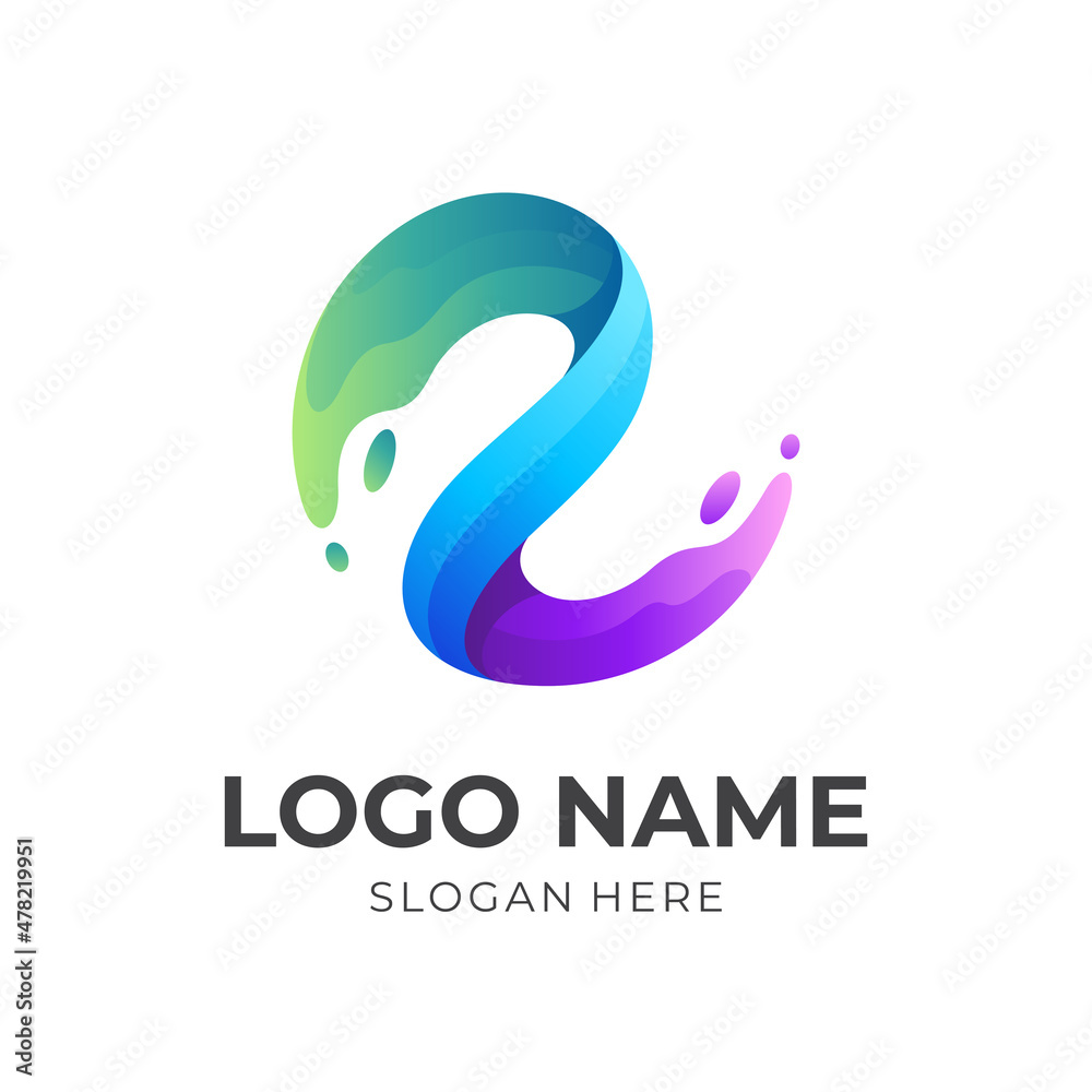 initial e water logo template, letter e and water, combination logo with 3d colorful style