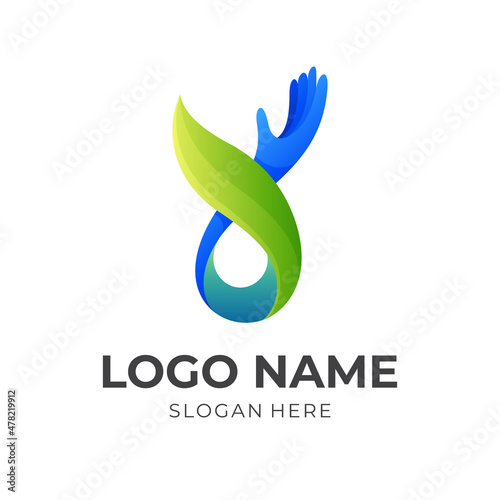 nature hand logo, hand and leaf, combination logo design with 3d colorful style