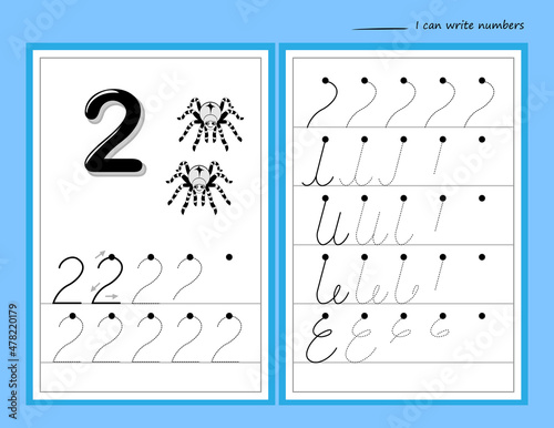 Learn to count and trace number two. Set of educational pages in line for little children. I can write numbers. Black and white printable worksheets for school math textbook. Kids activity sheet