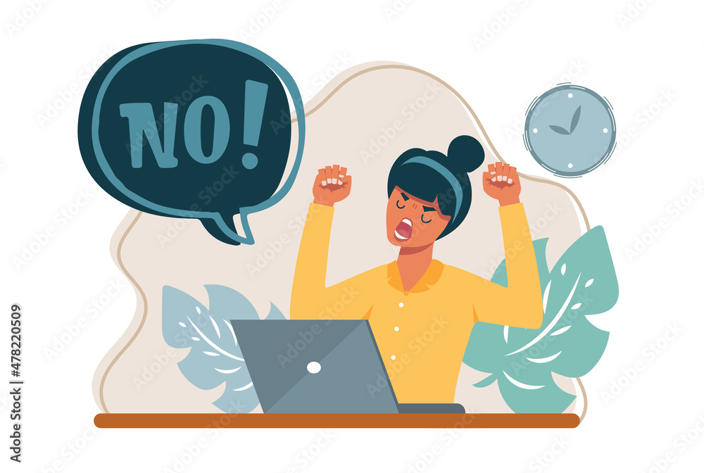 Obraz premium Vector cartoon illustration of No furious screaming woman. Rebel angry woman roar. Speech balloon with scream exclamation