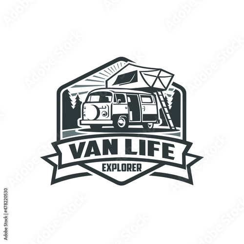 Van life explorer motorhome caravan emblem badge ready made logo. Best for RV and camper van related logo