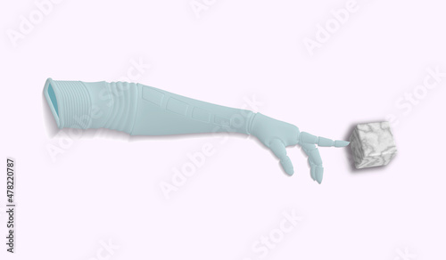 Vector illustration. Artificial hand or prosthesis touches a marble cube on a light background.