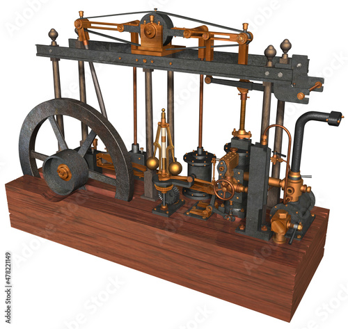 James Watt Steam Engine. 3D Rendering Illustration of a Steam Engine devised, built and perfected by Scottish inventor James Watt patented in 1769.