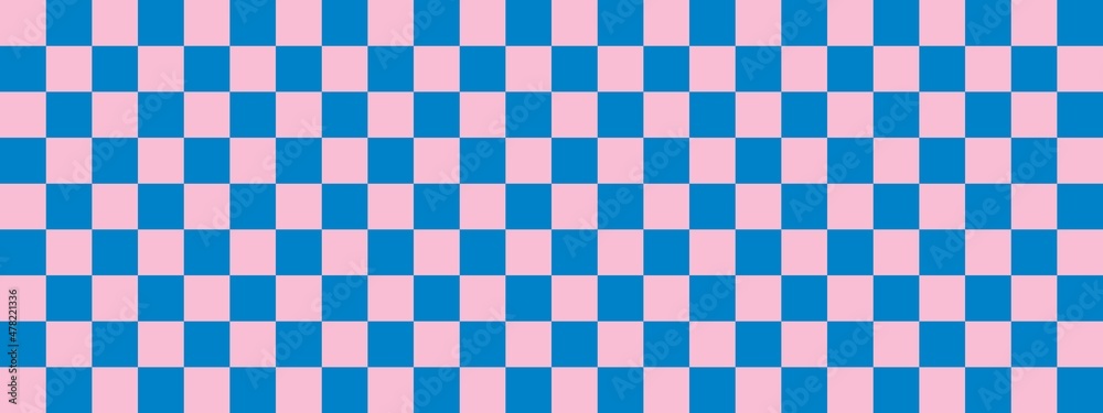 Checkerboard banner. Blue and Pink colors of checkerboard. Small squares, small cells. Chessboard, checkerboard texture. Squares pattern. Background. Checkerboard banner. Blue and Pink colors of checkerboard. Small squares, small cells. Chessboard, checkerboard texture. Squares pattern. Background.