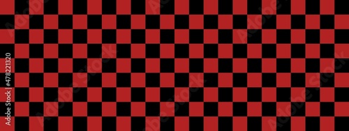 Checkerboard banner. Black and Firebrick colors of checkerboard. Small squares, small cells. Chessboard, checkerboard texture. Squares pattern. Background.