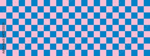 Checkerboard banner. Blue and Pink colors of checkerboard. Small squares, small cells. Chessboard, checkerboard texture. Squares pattern. Background.