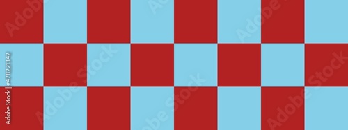 Checkerboard banner. Sky blue and Firebrick colors of checkerboard. Big squares, big cells. Chessboard, checkerboard texture. Squares pattern. Background.