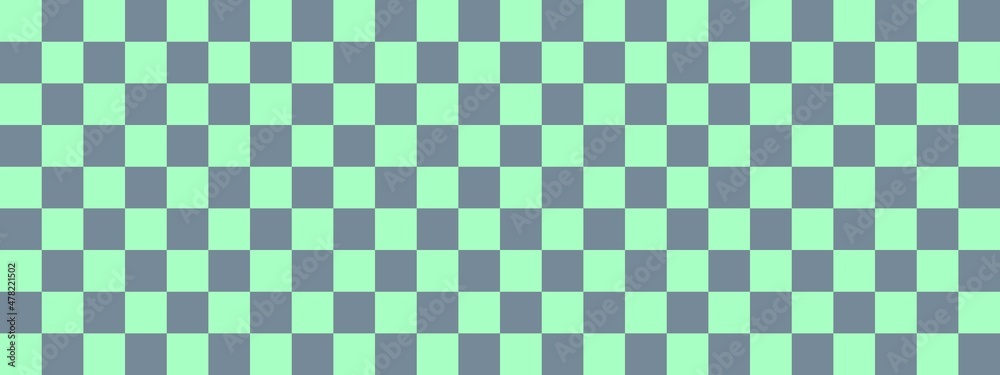 Fototapeta premium Checkerboard banner. Light Slate Grey and Mint colors of checkerboard. Small squares, small cells. Chessboard, checkerboard texture. Squares pattern. Background.