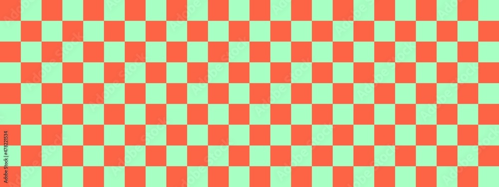 Checkerboard banner. Mint and Tomato colors of checkerboard. Small squares, small cells. Chessboard, checkerboard texture. Squares pattern. Background. Checkerboard banner. Mint and Tomato colors of checkerboard. Small squares, small cells. Chessboard, checkerboard texture. Squares pattern. Background.